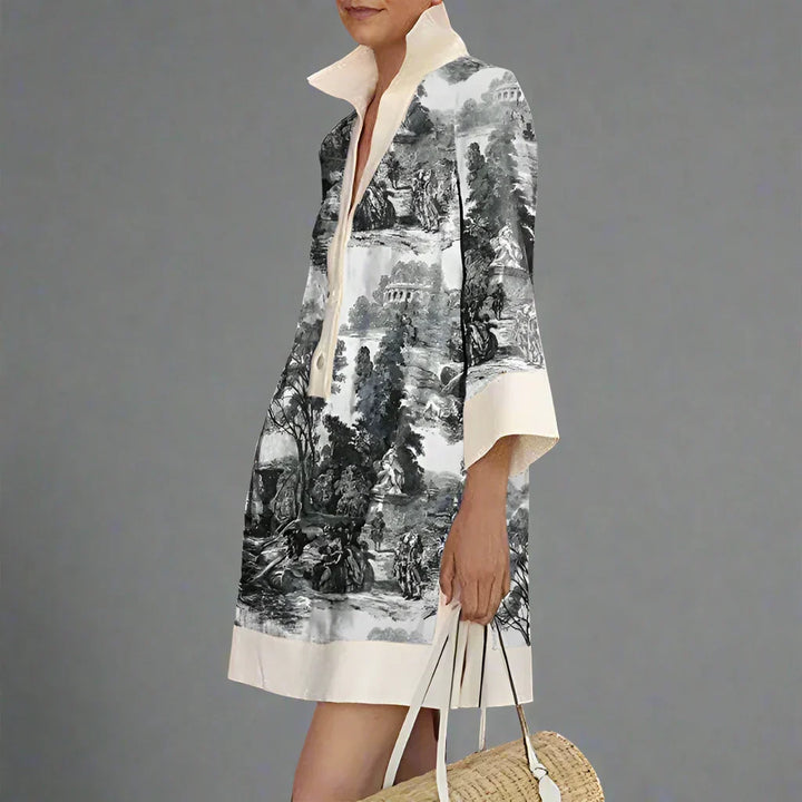 Vintage Toile Print Contrast Collar Shirt Mini Dress