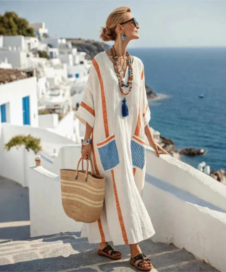 Striped Trim Linen Kaftan V-Neck Casual Maxi Dress