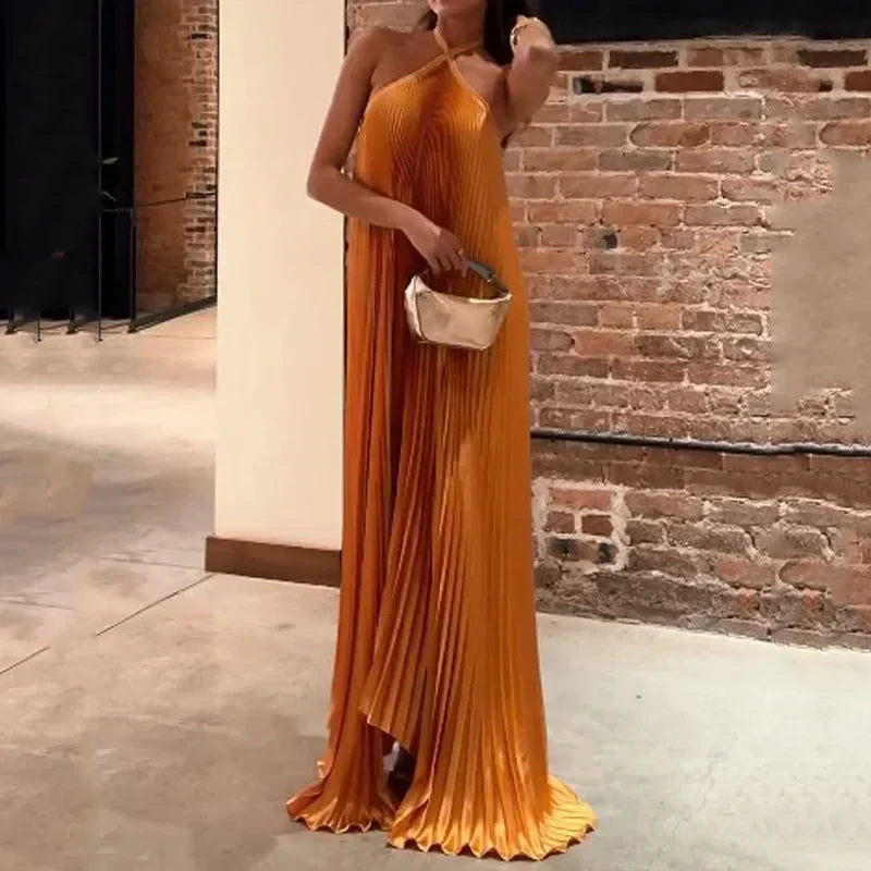 Pleated Halter Neck Backless Flowy Maxi Dress - Wedding Guest