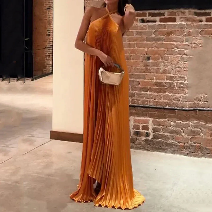 Pleated Halter Neck Backless Flowy Maxi Dress - Wedding Guest