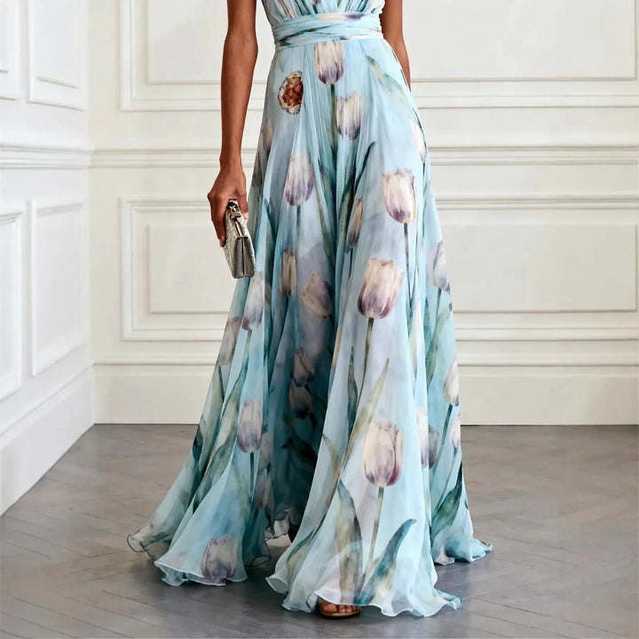 Floral Tulip Print V Neck Chiffon Maxi Dress - Wedding Guest