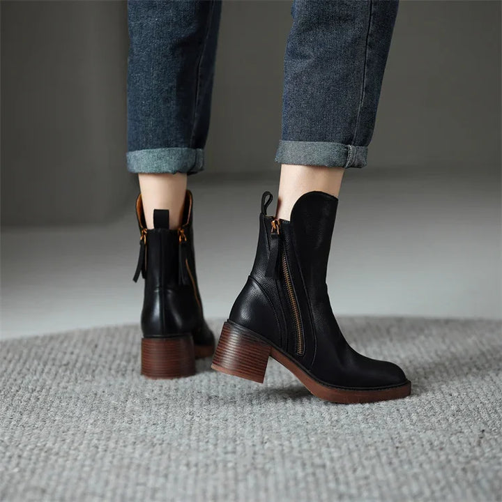 Leather Side Zip Block Heel Ankle Boot
