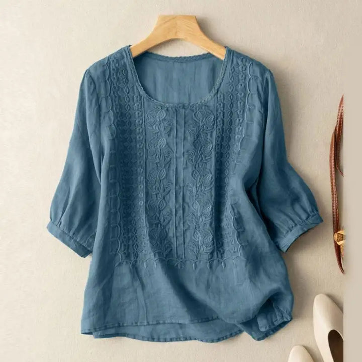 Floral Embroidered Lace Panel Three Quarter Sleeve Boho Blouse