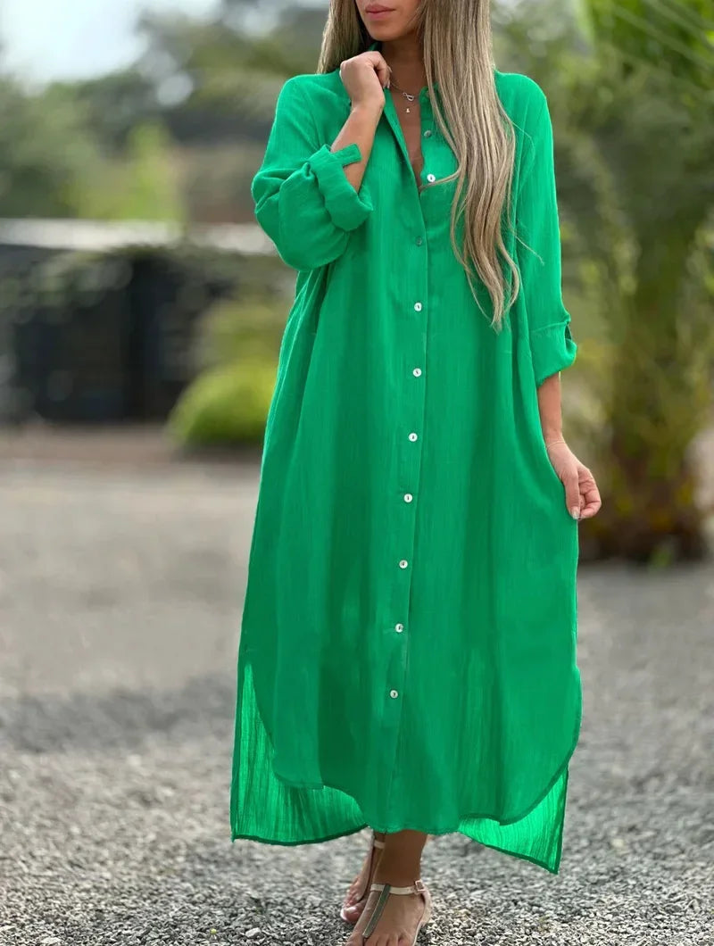 Oversized Button Down Collar Neck Linen Shirt Maxi Dress