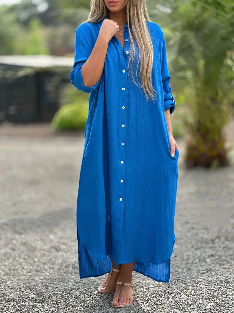 Oversized Button Down Collar Neck Linen Shirt Maxi Dress