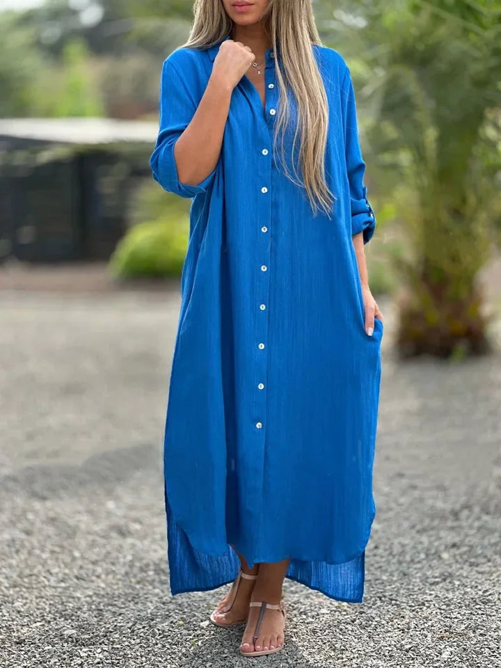 Oversized Button Down Collar Neck Linen Shirt Maxi Dress