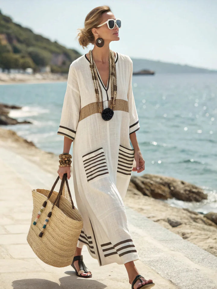 Striped Trim Linen Kaftan V-Neck Casual Maxi Dress