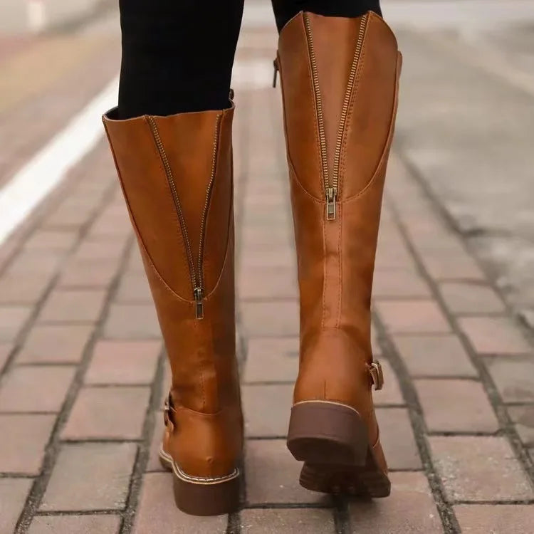 Josephine | Women's Brown Knee-High Riding Boots with Buckle Detail