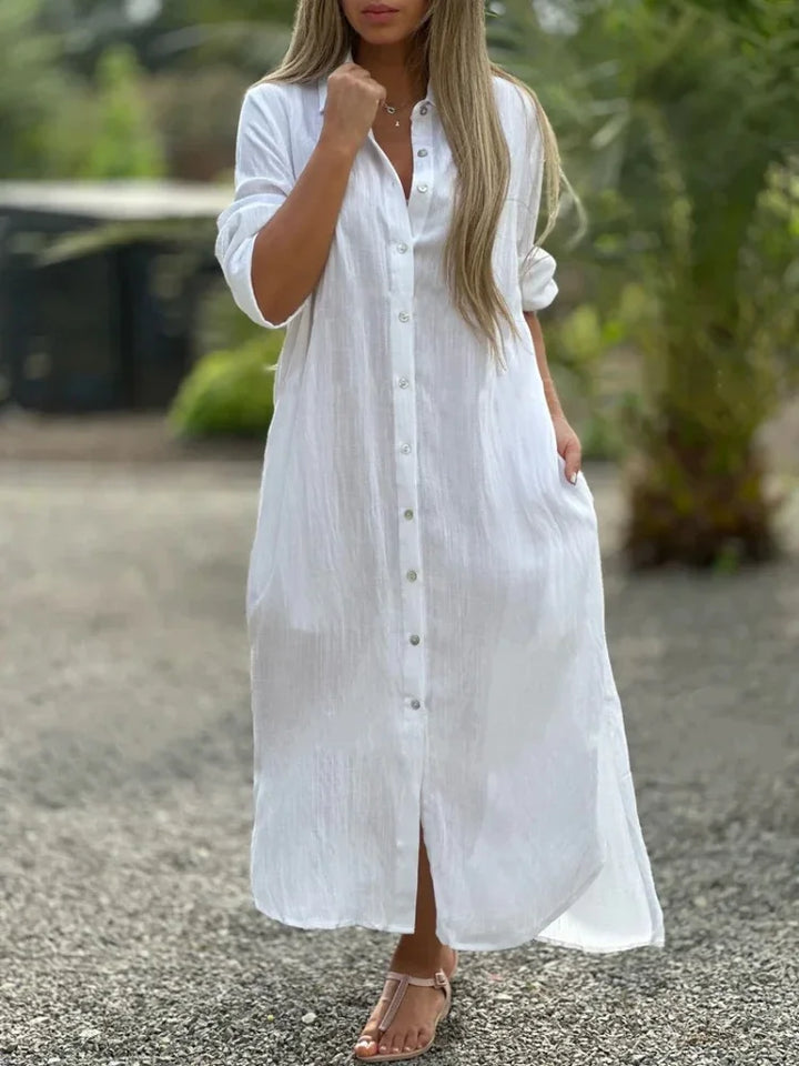 Oversized Button Down Collar Neck Linen Shirt Maxi Dress