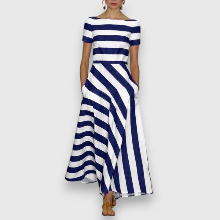 Striped Bateau Neck Short Sleeve Pocket A Line Maxi Dress
