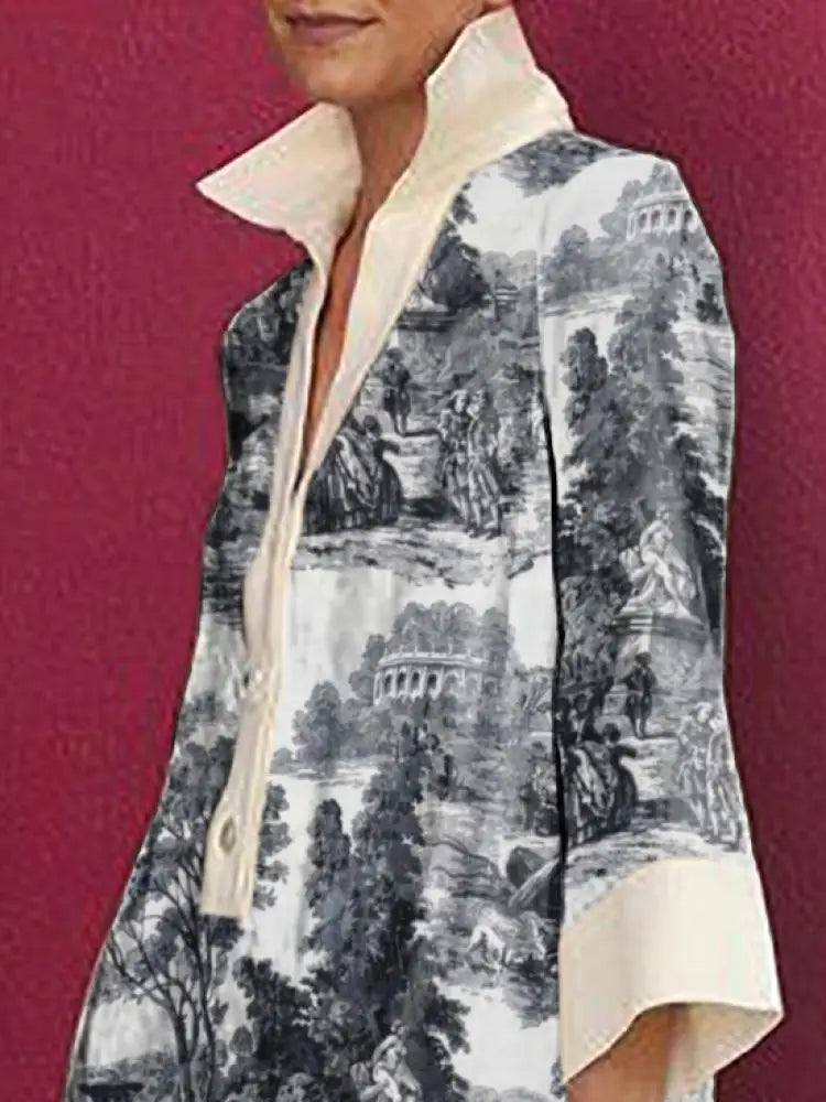 Vintage Toile Print Contrast Collar Shirt Mini Dress