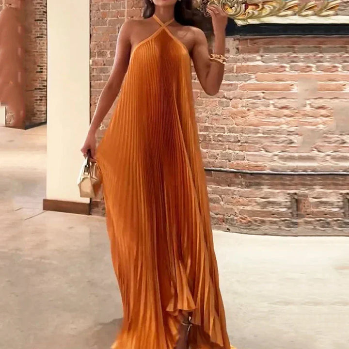 Pleated Halter Neck Backless Flowy Maxi Dress - Wedding Guest