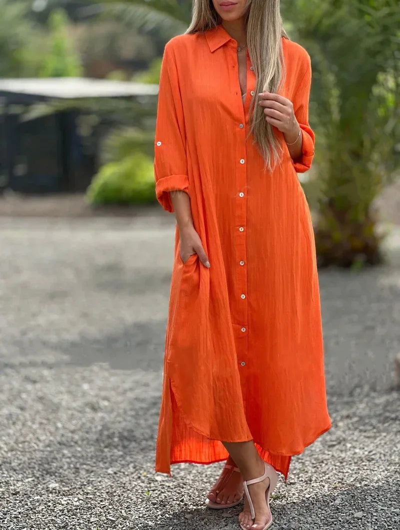 Oversized Button Down Collar Neck Linen Shirt Maxi Dress