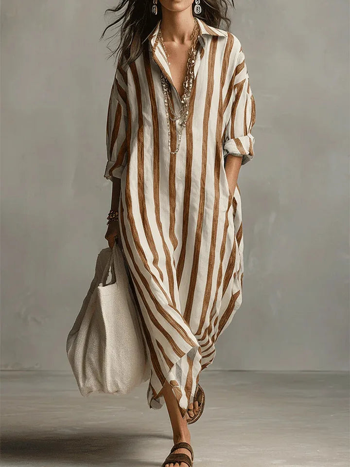 Striped Oversized Linen Shirt Casual Maxi Dress, Earthy Yellow / 3XL