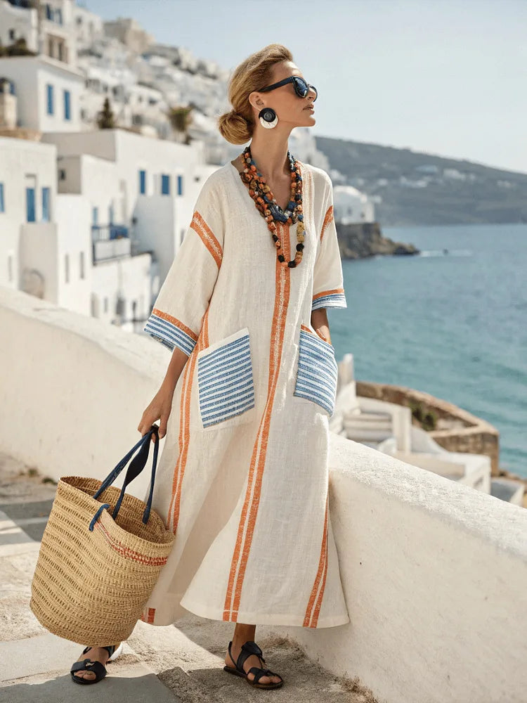 Striped Trim Linen Kaftan V-Neck Casual Maxi Dress