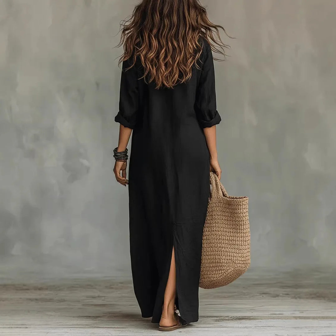 Linen Collared Button Split Hem Casual Maxi Dress