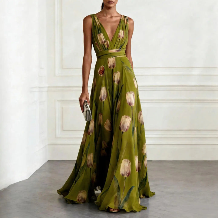Floral Tulip Print V Neck Chiffon Maxi Dress - Wedding Guest
