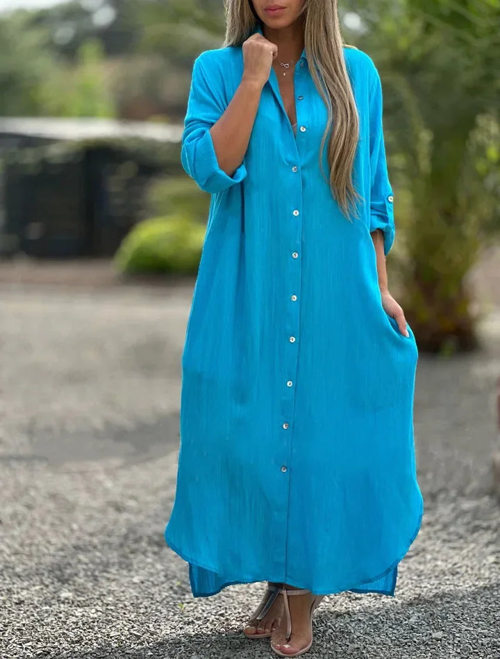 Oversized Button Down Collar Neck Linen Shirt Maxi Dress