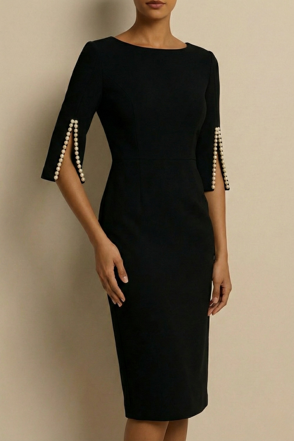 Pearl Split Sleeve Bodycon Midi Dress - Formal Wedding Guest