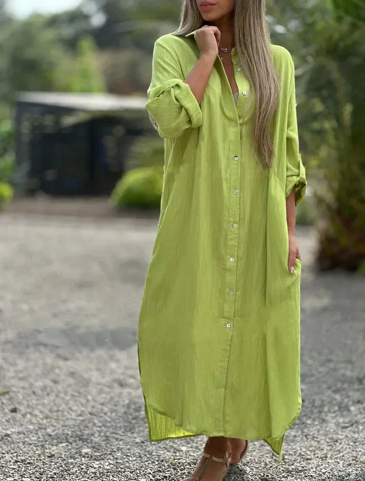 Oversized Button Down Collar Neck Linen Shirt Maxi Dress
