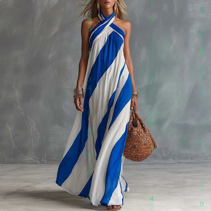 Striped Halter Neck Sleeveless Flowy Maxi Dress
