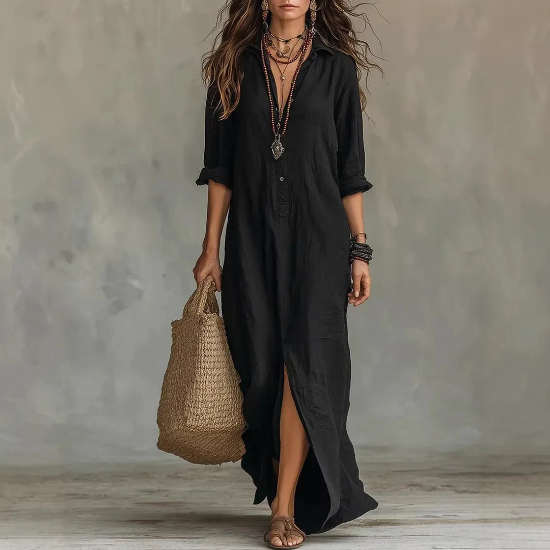 Linen Collared Button Split Hem Casual Maxi Dress