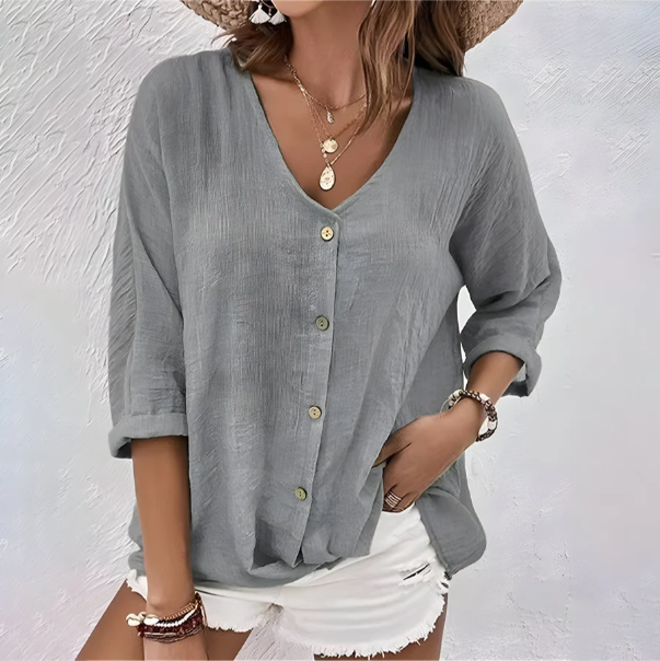 Cotton Linen Button Down V Neck Roll Sleeve Casual Blouse