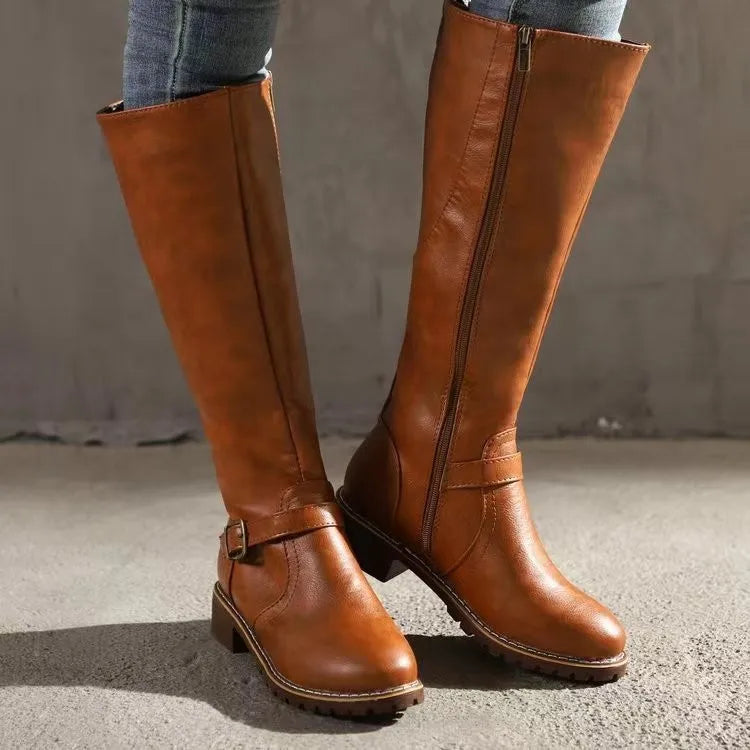 Josephine | Women's Brown Knee-High Riding Boots with Buckle Detail
