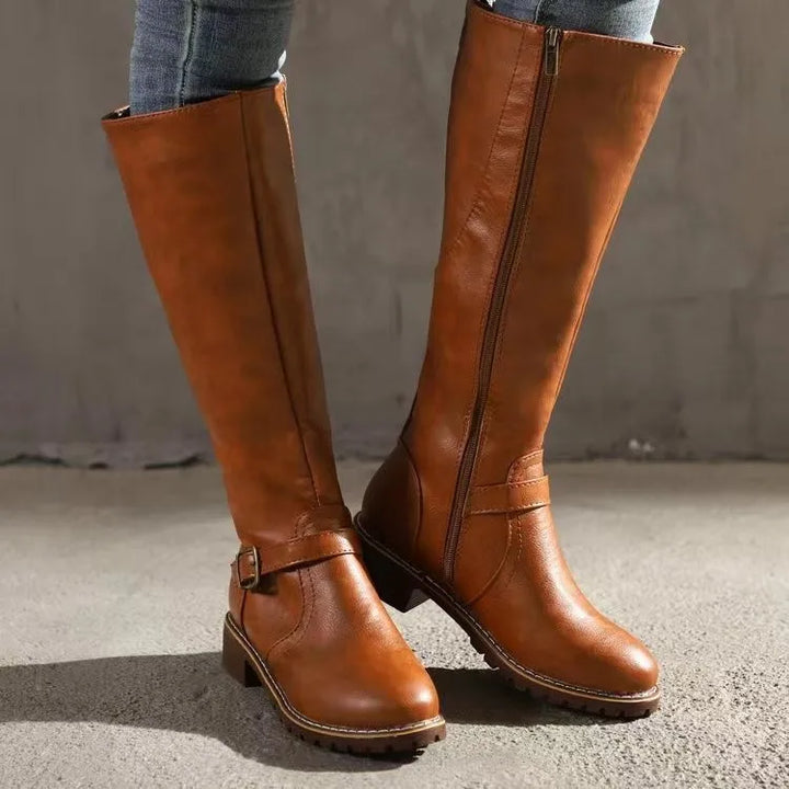 Josephine | Women's Brown Knee-High Riding Boots with Buckle Detail