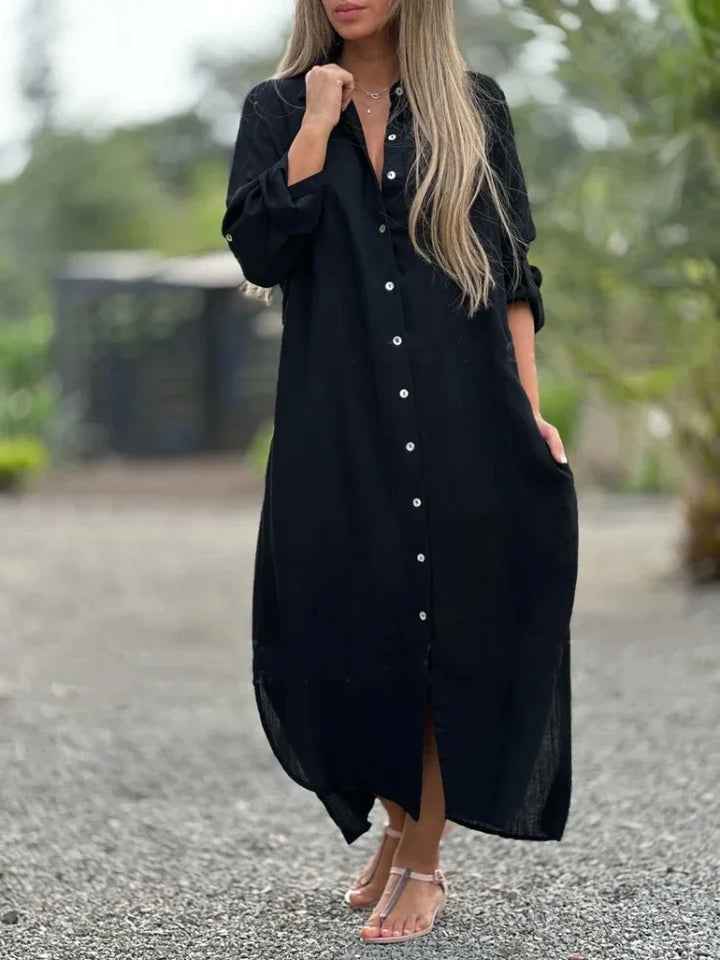 Oversized Button Down Collar Neck Linen Shirt Maxi Dress
