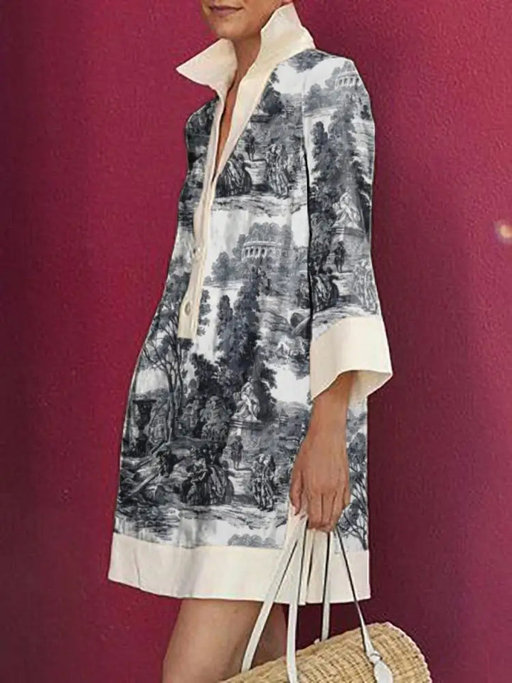 Vintage Toile Print Contrast Collar Shirt Mini Dress
