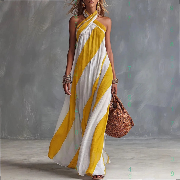 Striped Halter Neck Sleeveless Flowy Maxi Dress