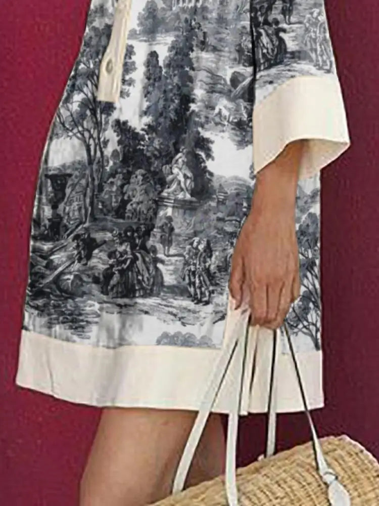 Vintage Toile Print Contrast Collar Shirt Mini Dress