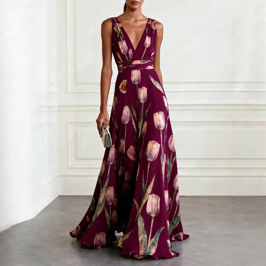 Floral Tulip Print V Neck Chiffon Maxi Dress - Wedding Guest
