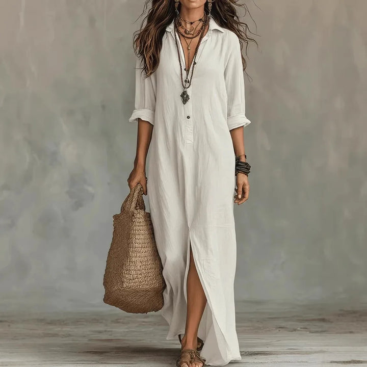 Linen Collared Button Split Hem Casual Maxi Dress