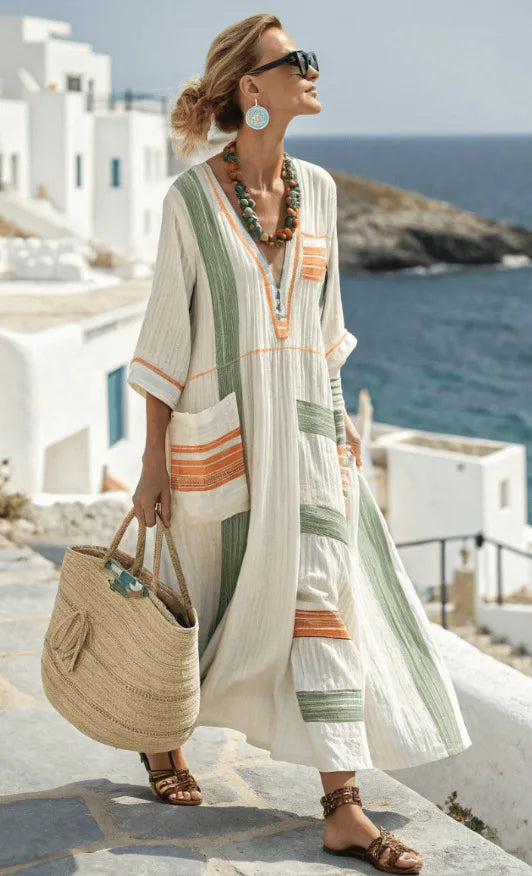 Striped Trim Linen Kaftan V-Neck Casual Maxi Dress