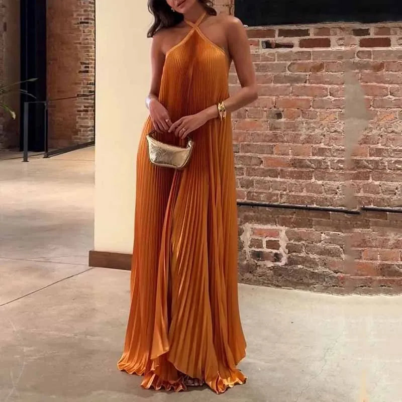 Pleated Halter Neck Backless Flowy Maxi Dress - Wedding Guest