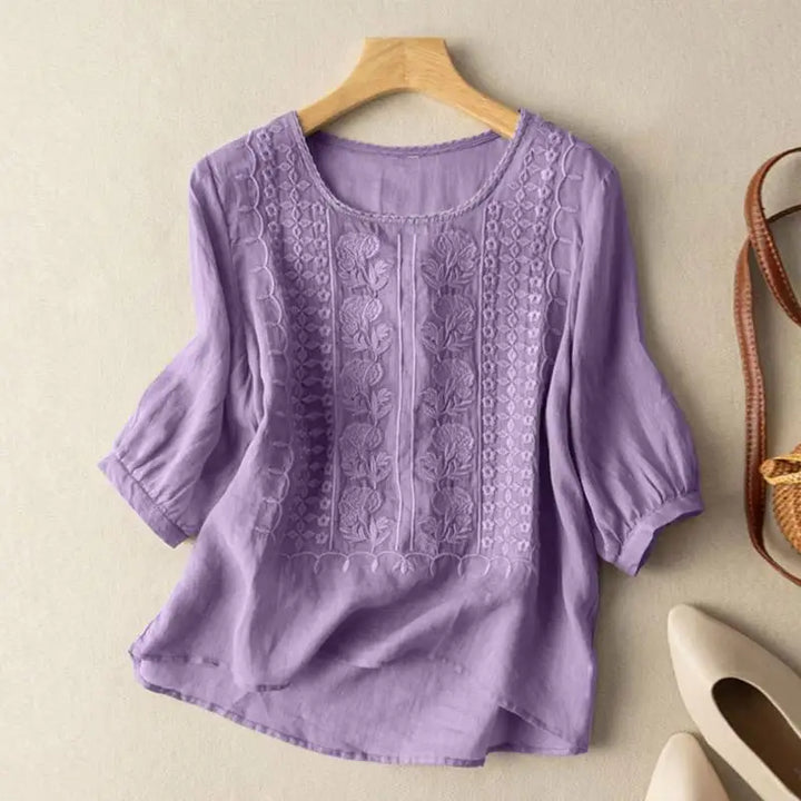 Floral Embroidered Lace Panel Three Quarter Sleeve Boho Blouse