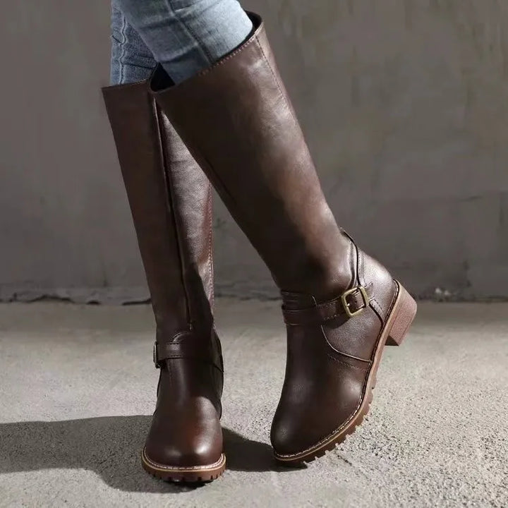 Josephine | Women's Brown Knee-High Riding Boots with Buckle Detail