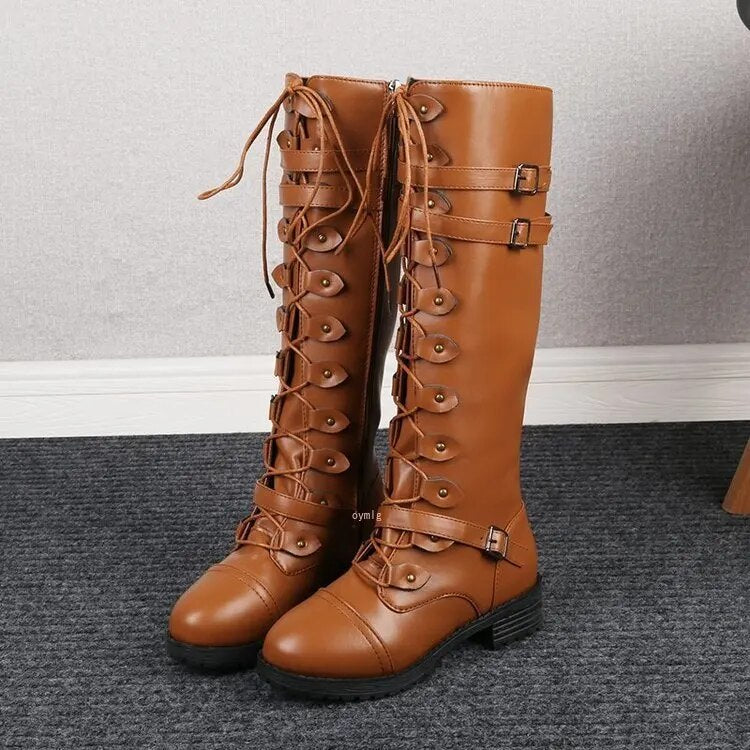 Lulu | Women's Knee-High Combat Boots with Lace-Up Buckle Straps