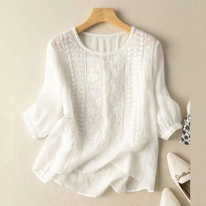 Floral Embroidered Lace Panel Three Quarter Sleeve Boho Blouse