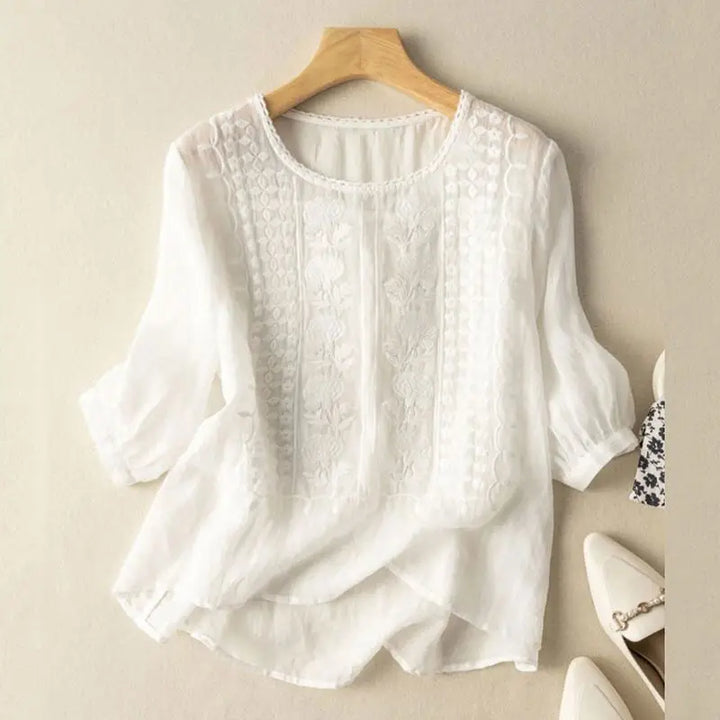 Floral Embroidered Lace Panel Three Quarter Sleeve Boho Blouse
