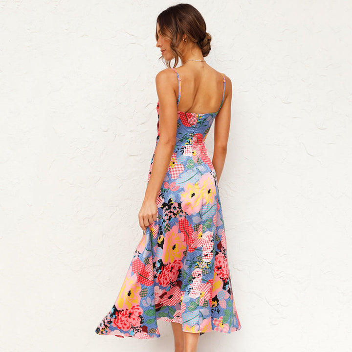 Floral Satin Tie Front Cut Out Spaghetti Strap Midi Dress