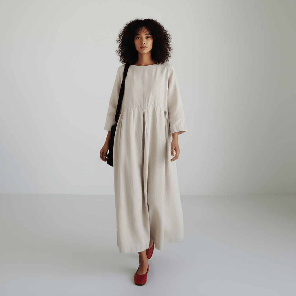 Oversized Boat Neck Pleated Waist Linen Casual Maxi Dress