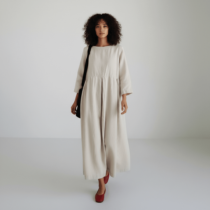 Oversized Boat Neck Pleated Waist Linen Casual Maxi Dress