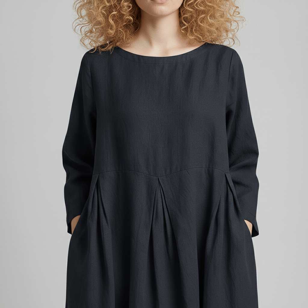 Oversized Boat Neck Pleated Waist Linen Casual Maxi Dress