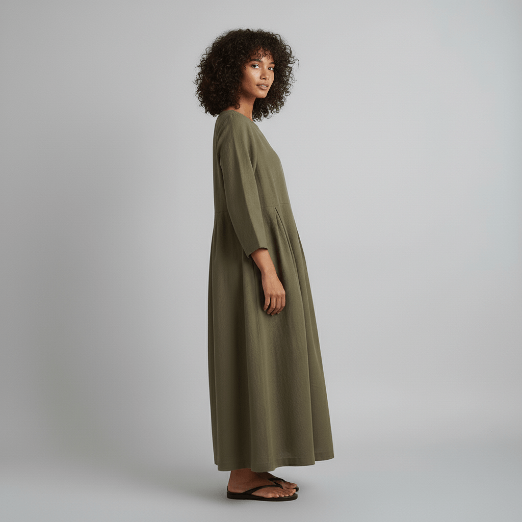 Oversized Boat Neck Pleated Waist Linen Casual Maxi Dress