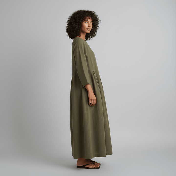 Oversized Boat Neck Pleated Waist Linen Casual Maxi Dress