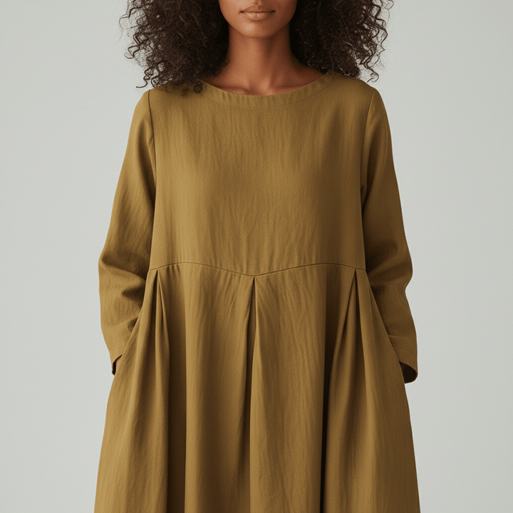 Oversized Boat Neck Pleated Waist Linen Casual Maxi Dress