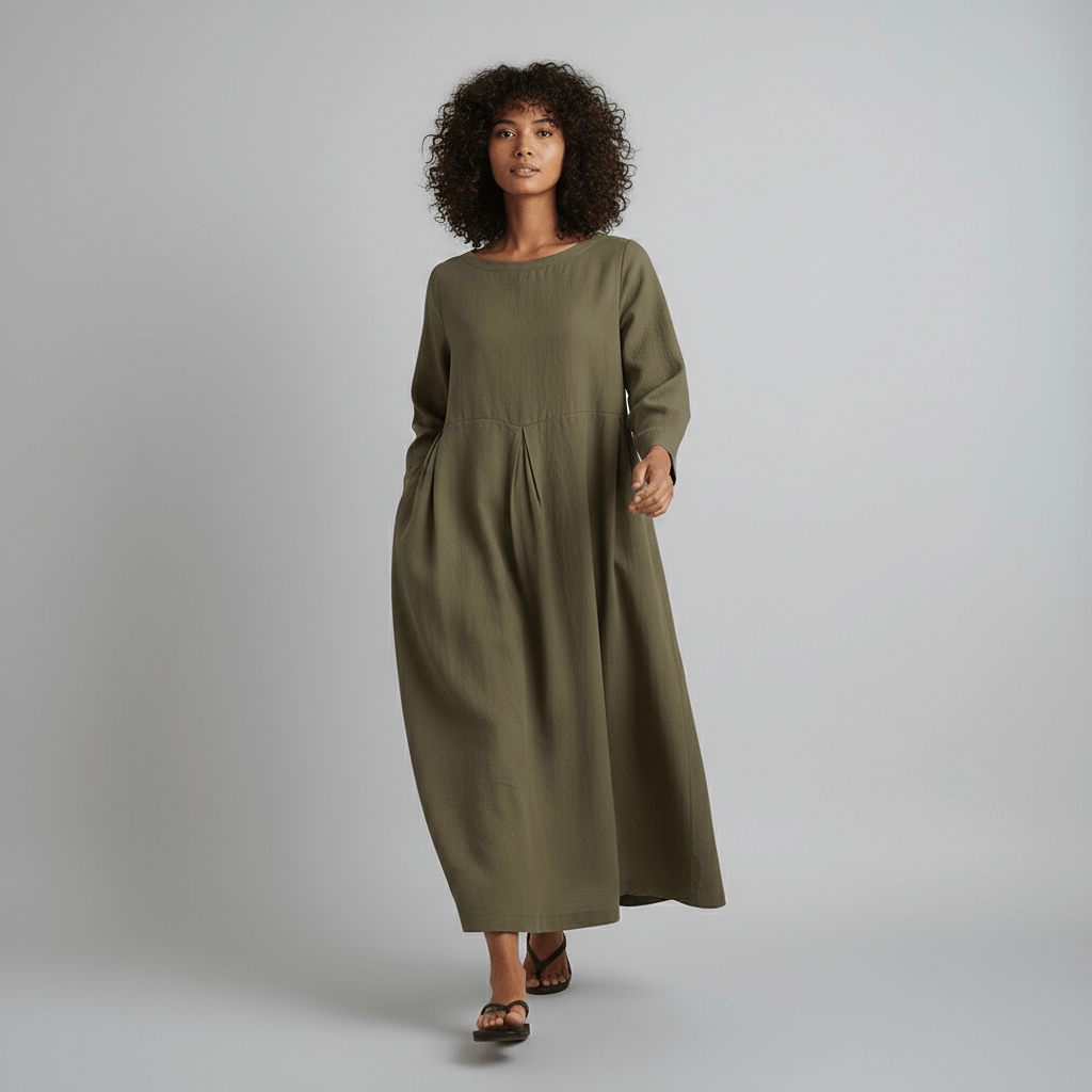 Oversized Boat Neck Pleated Waist Linen Casual Maxi Dress